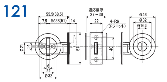 日中製作所ＧＩＡ引戸鎌錠 表示錠　１２１−W−ＳＬ塗装シルバー／Ｂ塗装ブロンズ／ＡＧ塗装アンチックゴールド　バックセット３８・５１ｍｍ　1個　送料無料の画像