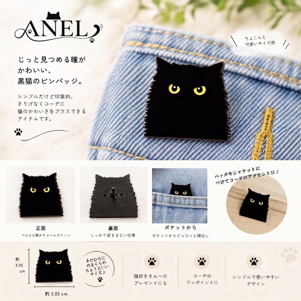 黒猫のピンバッジの画像