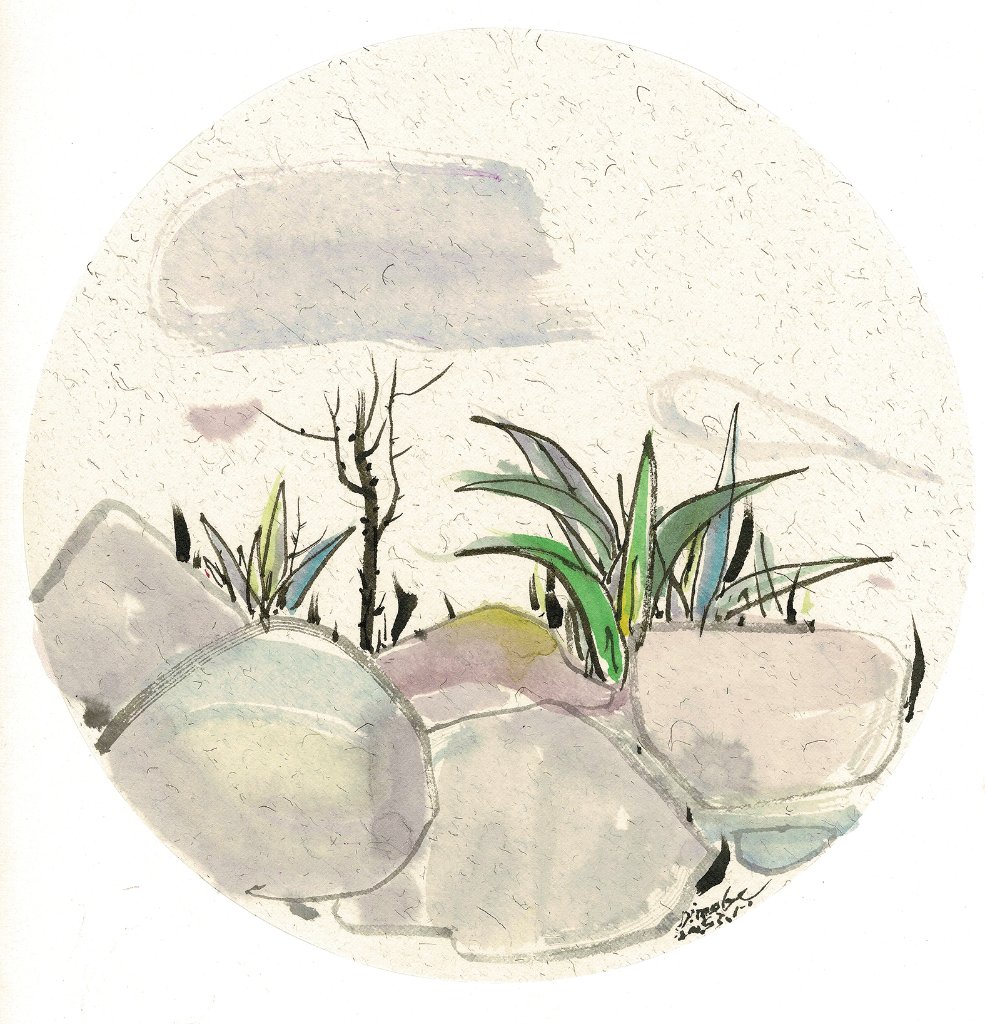 水墨画『石とリュウゼツラン』（ダイム・リー作品）スクエア額付きの画像