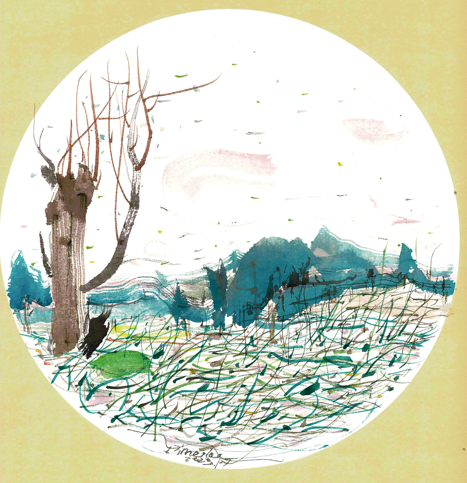 水墨画『リラックスして幸せ』（ダイム・リー作品）スクエア額付きの画像