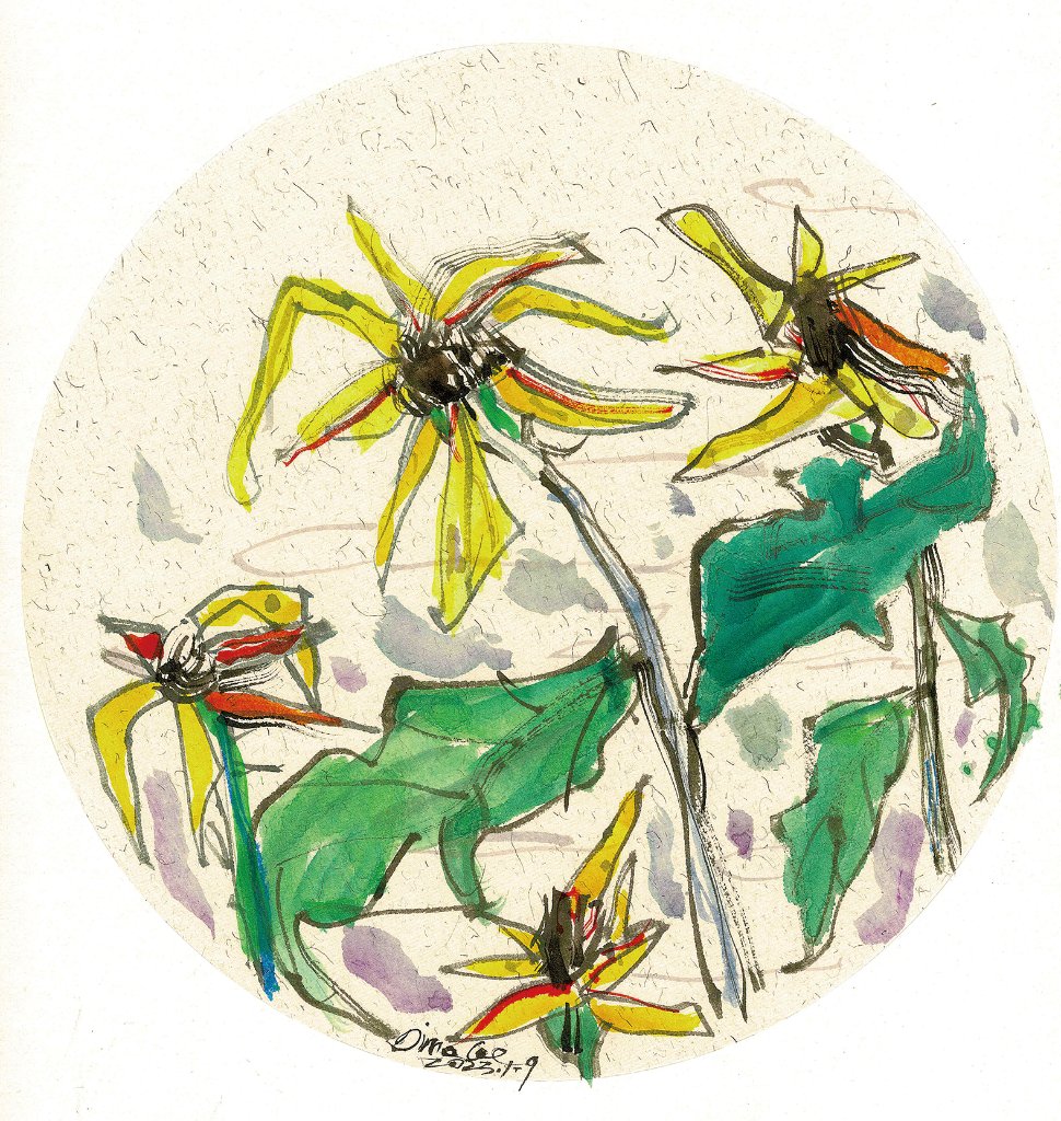 水墨画『向日葵』（ダイム・リー作品）スクエア額付きの画像