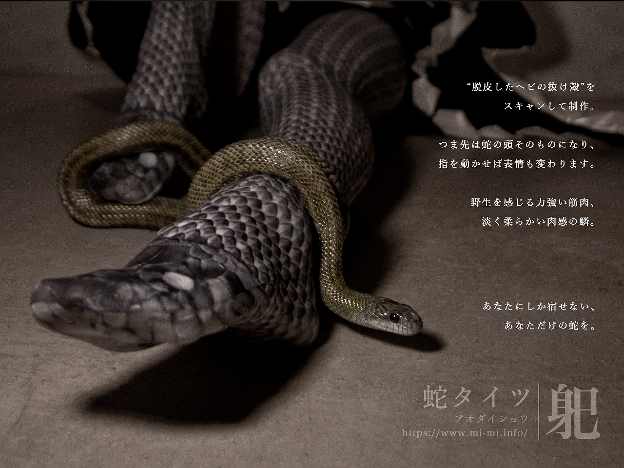 【身巳】　蛇レッグウェア　アオダイショウ柄　[タイツ:ニーソックス:レギンス]　[ブラック・グレー]　画像