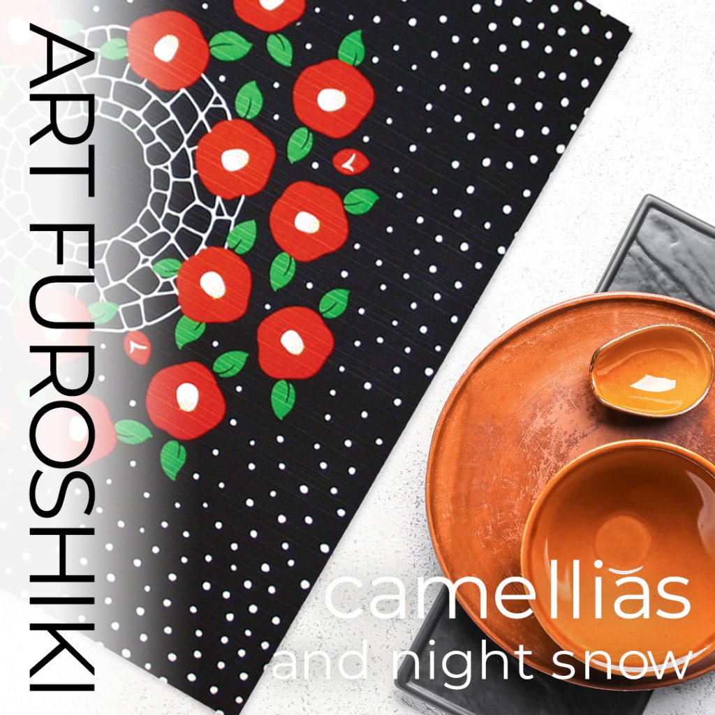 アート風呂敷「雪椿になるアート風呂敷」/ camellias & night snowの画像
