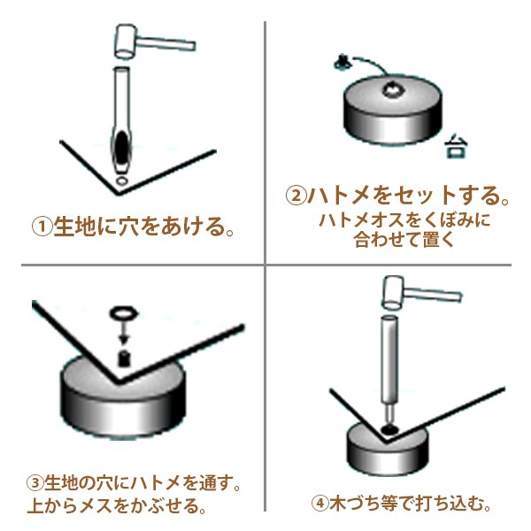 【在庫限り】ハトメ〜る 口径9Øセット(ハトメ1000ケ/穴開けポンチ/打ち器/打ち台)の画像
