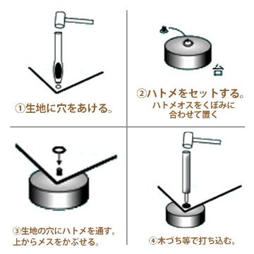 【在庫限り】ハトメ〜る 口径9Øセット(ハトメ1000ケ/穴開けポンチ/打ち器/打ち台)の画像