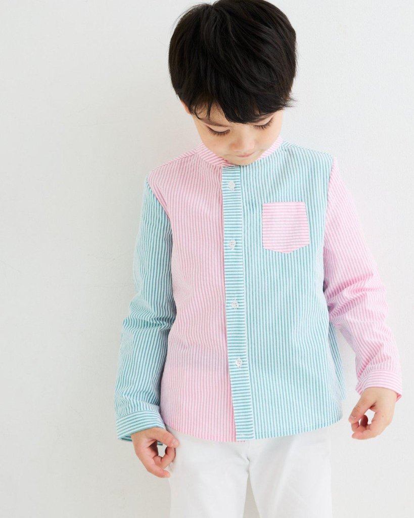 FinaEjerique★GREEN×PINKシアサッカーストライプシャツ(2A~10A)の画像