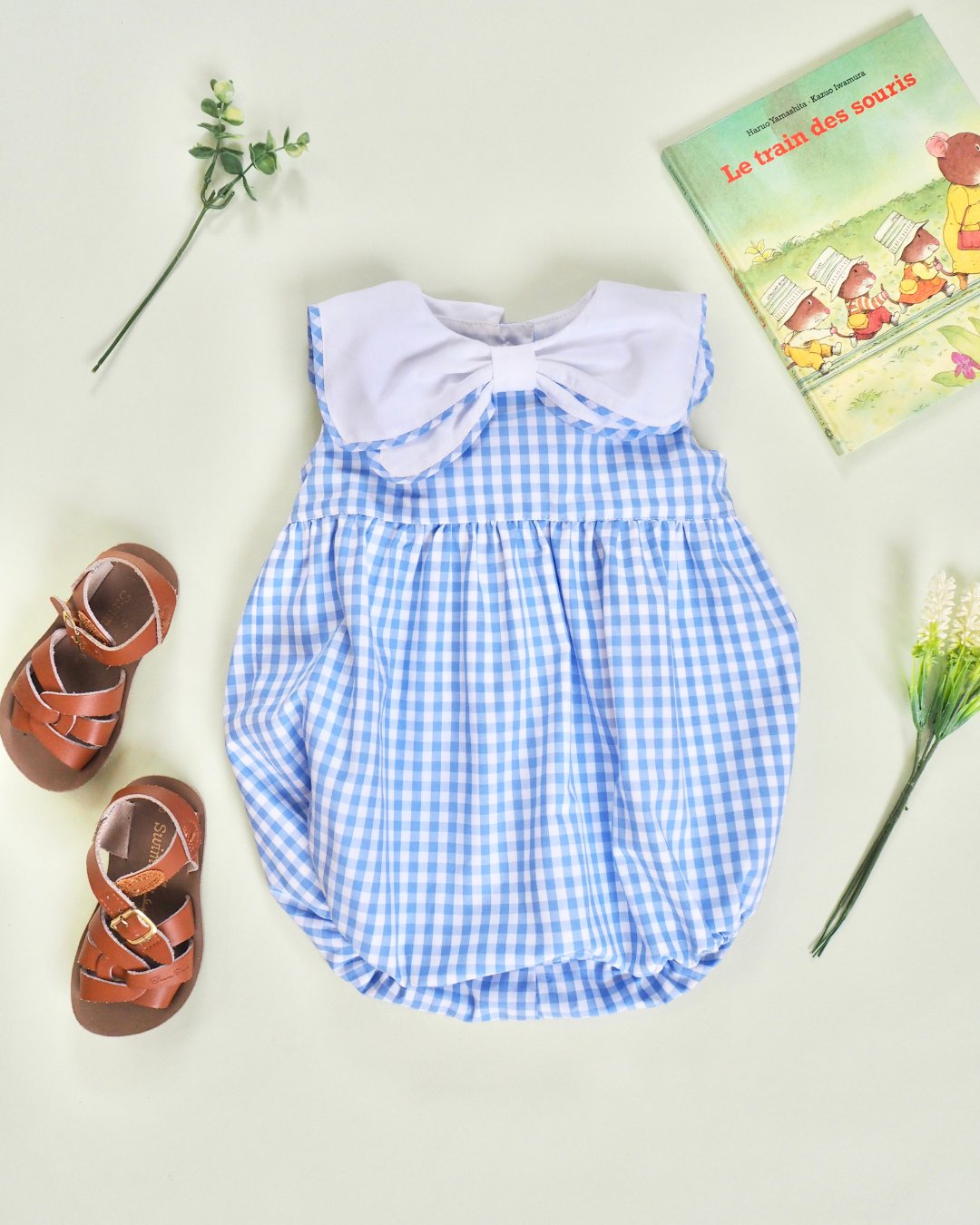 MICHELL×Puromimo★Blue Gingham Sailor bow Rompers(unisex)(12m~18m)の画像