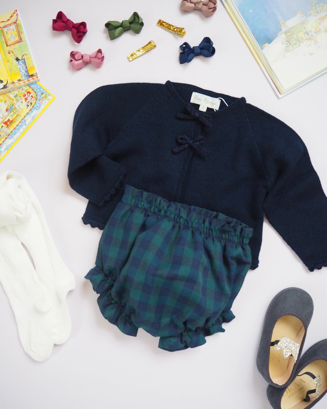 FinaEjerique★Navy Knit Bolero Cardigan with metalic bow(12m~12A)の画像