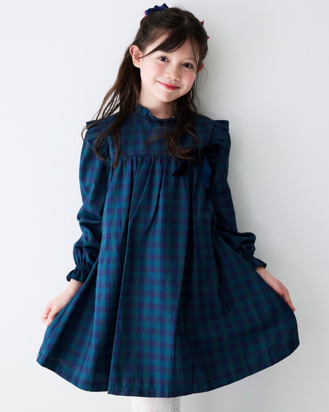 FinaEjerique★Navy Green Check Girls Dress (4A~12A)の画像