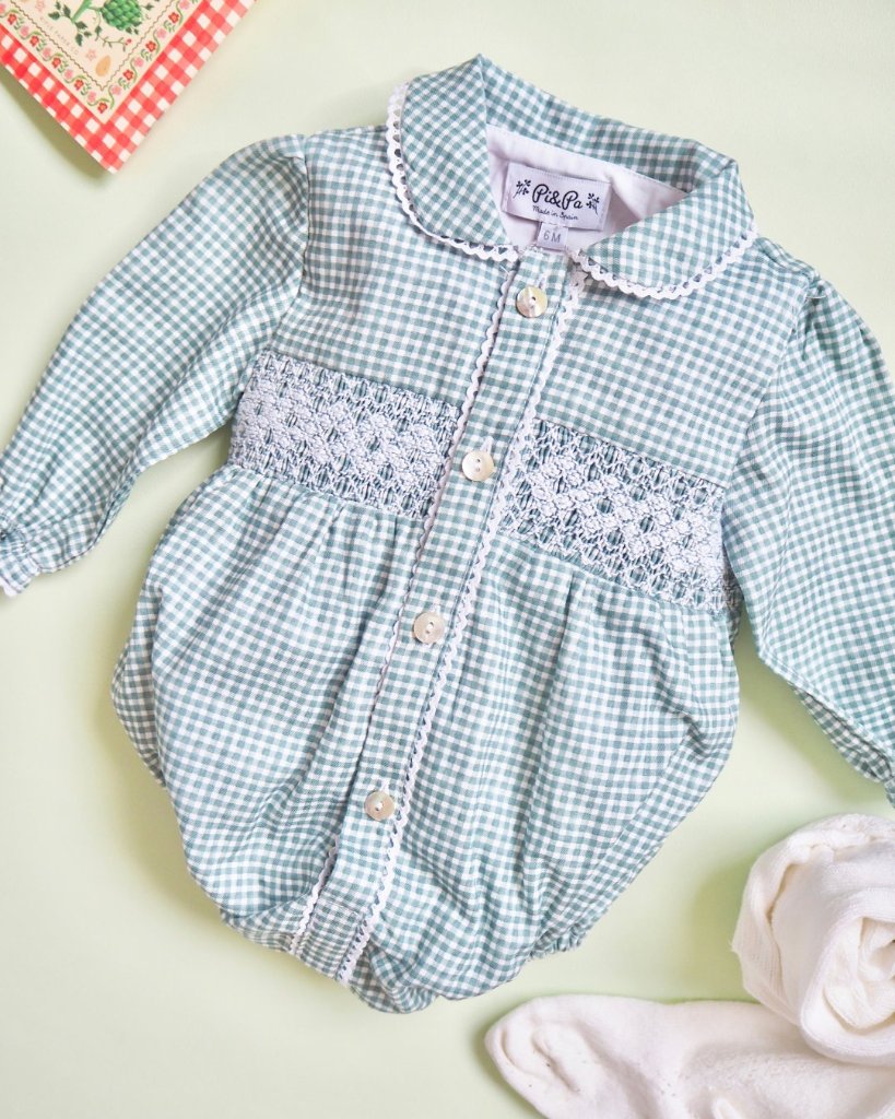 pi&pa★Vichy Matcha Smocking Romper(6m~18m)の画像
