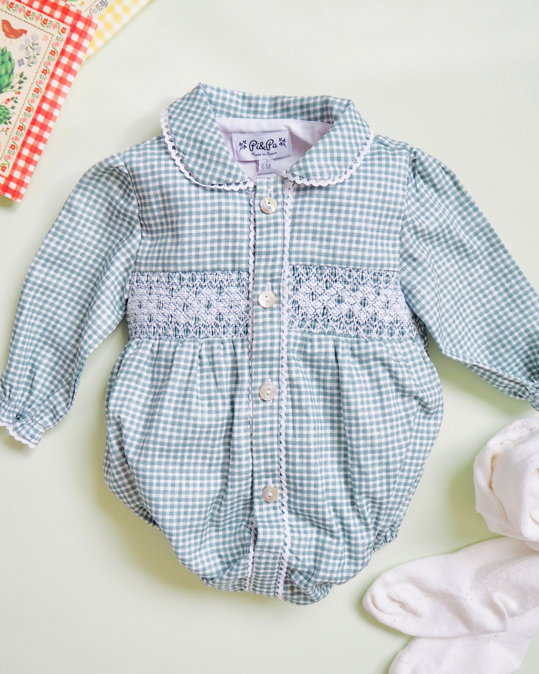 pi&pa★Vichy Matcha Smocking Romper(6m~18m)の画像