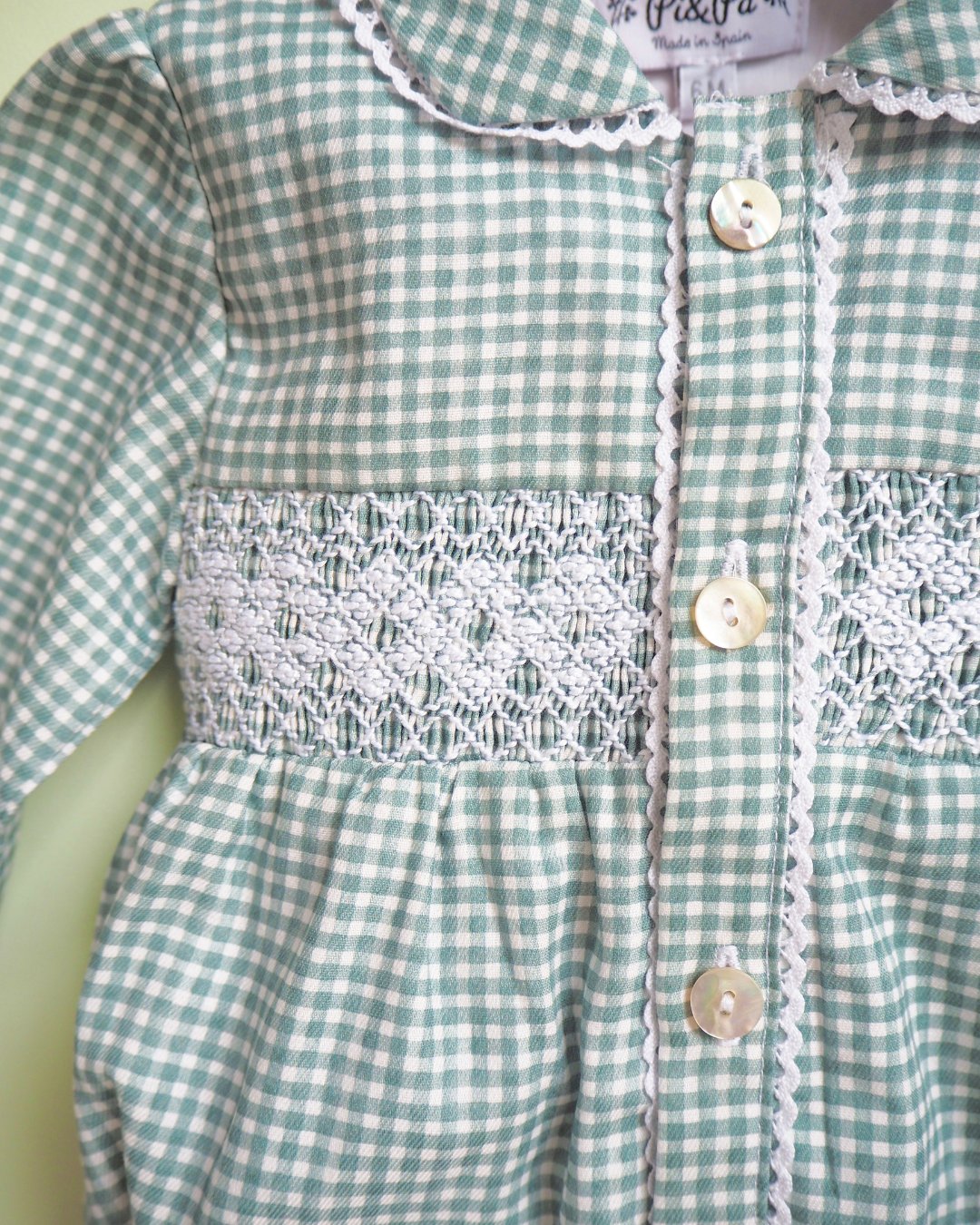 pi&pa★Vichy Matcha Smocking Romper(6m~18m)の画像