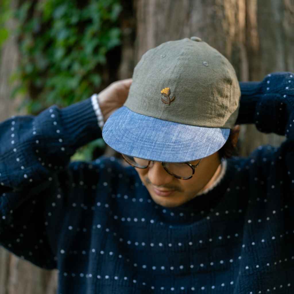 RON'S BIKES / ULTRA ROMANCE / linen tulip cap (yellow tan/chambray)の画像