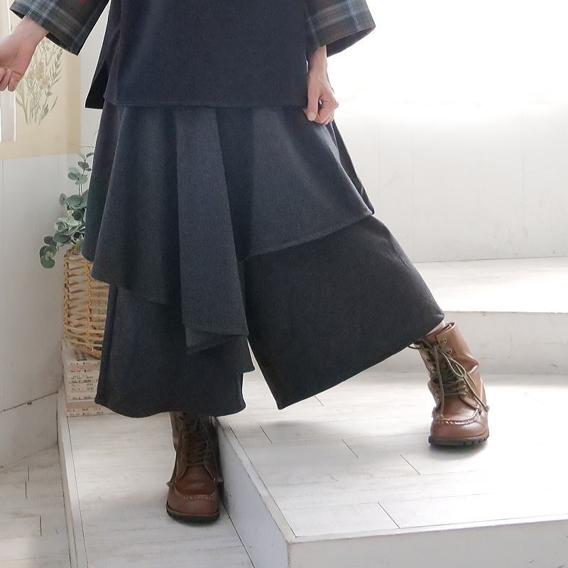 ふわりと重ねるぬくもり＊秋冬のあったか重ね着風＊スカートのようなアシメレイヤード＊ワイドパンツ＊d-pn502の画像
