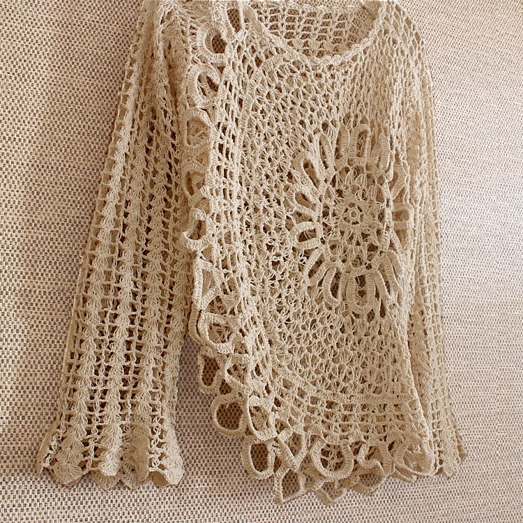 サイズ４展開＊ざっくりとした編み感＊かぎ針＊花模様編み＊フレア袖＊コットン素材＊トップス＊手編み＊dandelion＊ネパール＊d-tp505Rの画像