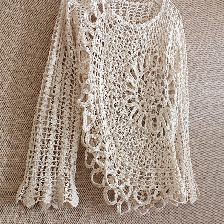 サイズ４展開＊ざっくりとした編み感＊かぎ針＊花模様編み＊フレア袖＊コットン素材＊トップス＊手編み＊dandelion＊ネパール＊d-tp505Rの画像