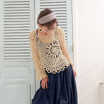 サイズ４展開＊ざっくりとした編み感＊かぎ針＊花模様編み＊フレア袖＊コットン素材＊トップス＊手編み＊dandelion＊ネパール＊d-tp505Rの画像