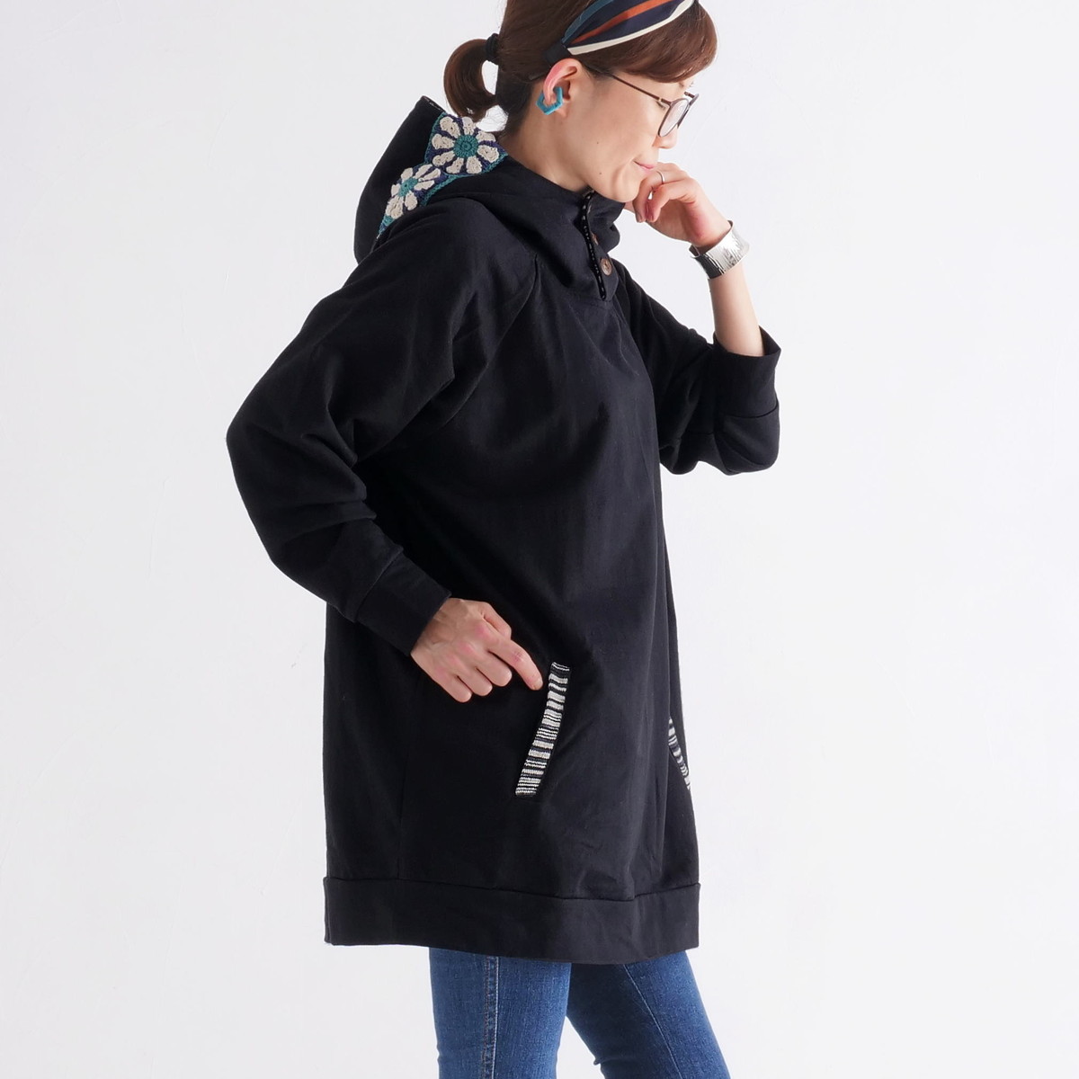 Renewal再販×3＊オフタートルネック＊花クロシェ×ボーダーフード＊裏地フリース＊プルオーバー＊パーカー＊d-tp507の画像