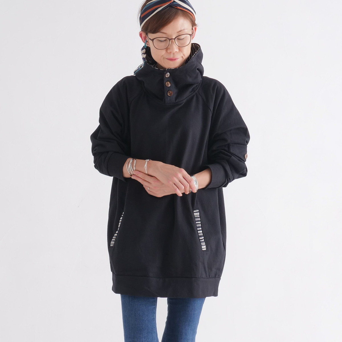 Renewal再販×3＊オフタートルネック＊花クロシェ×ボーダーフード＊裏地フリース＊プルオーバー＊パーカー＊d-tp507の画像