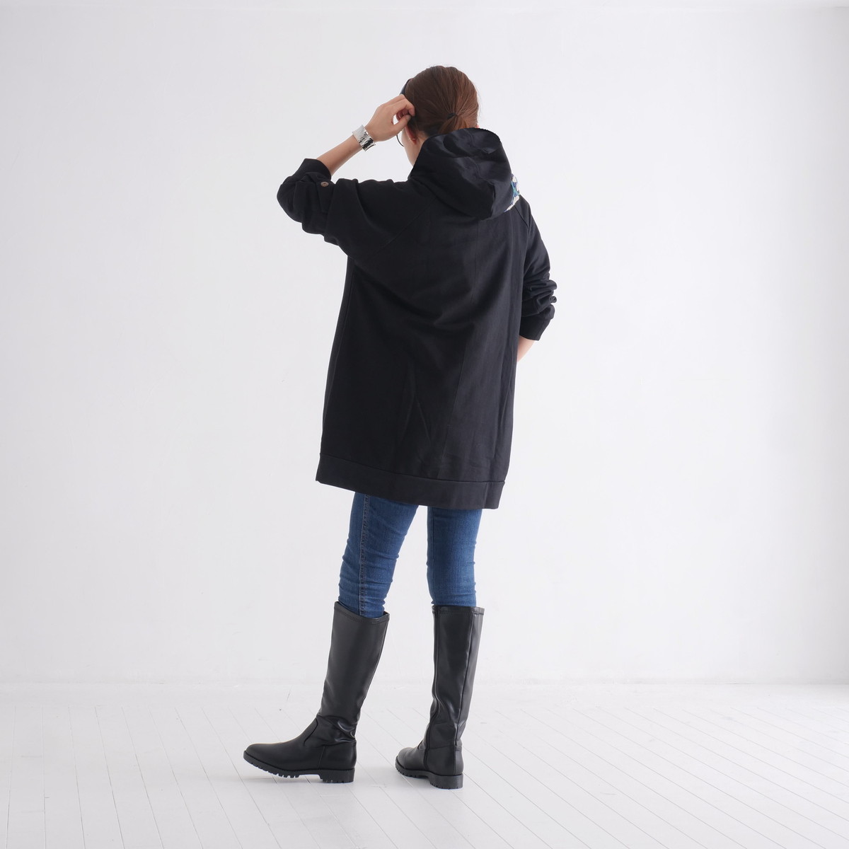 Renewal再販×3＊オフタートルネック＊花クロシェ×ボーダーフード＊裏地フリース＊プルオーバー＊パーカー＊d-tp507の画像