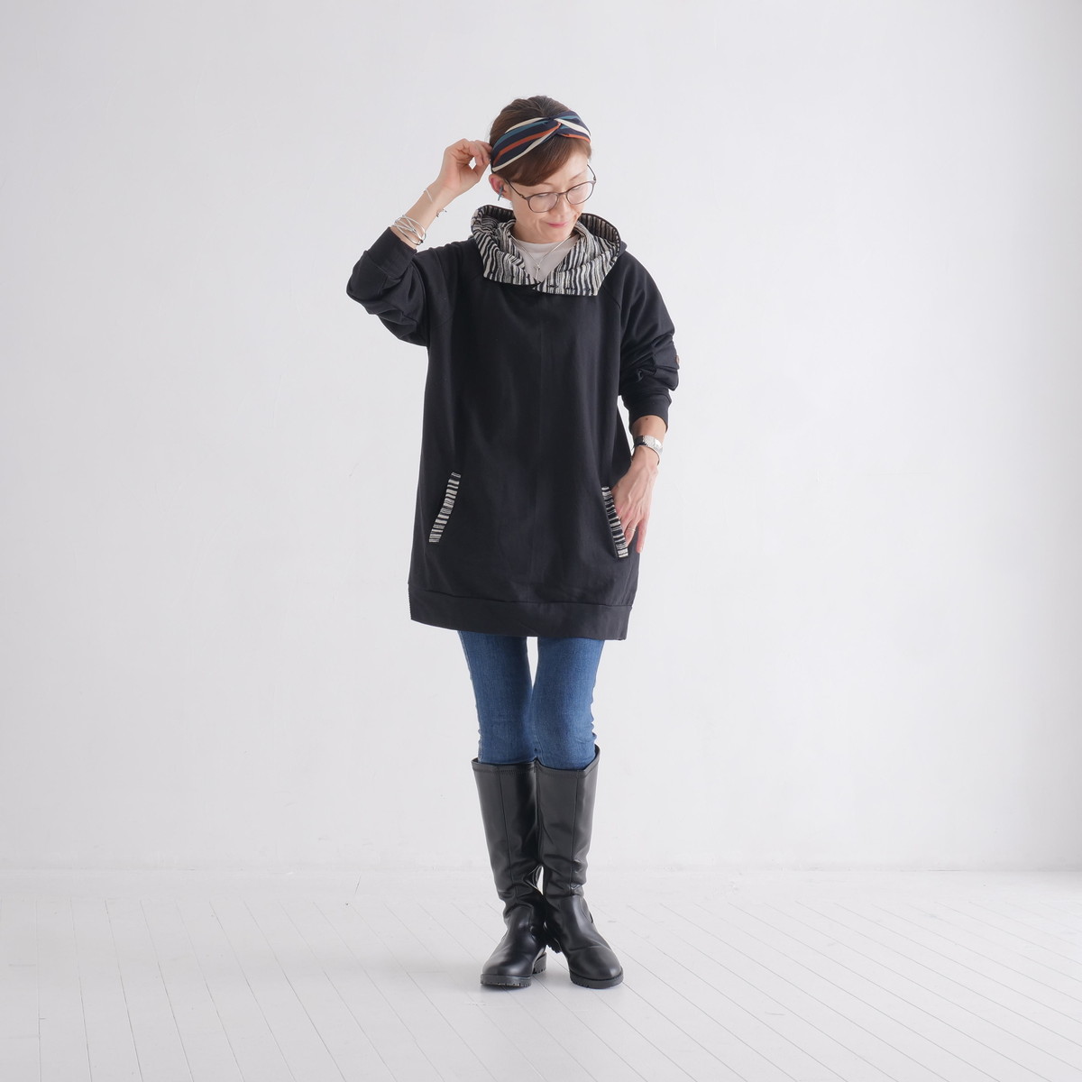 Renewal再販×3＊オフタートルネック＊花クロシェ×ボーダーフード＊裏地フリース＊プルオーバー＊パーカー＊d-tp507の画像