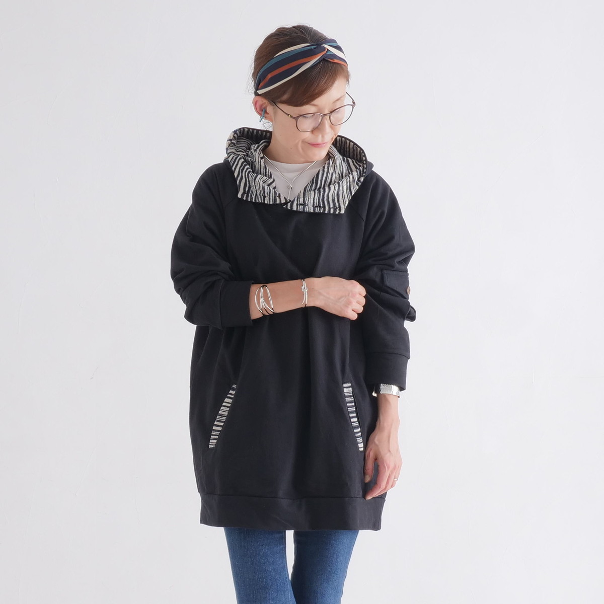 Renewal再販×3＊オフタートルネック＊花クロシェ×ボーダーフード＊裏地フリース＊プルオーバー＊パーカー＊d-tp507の画像