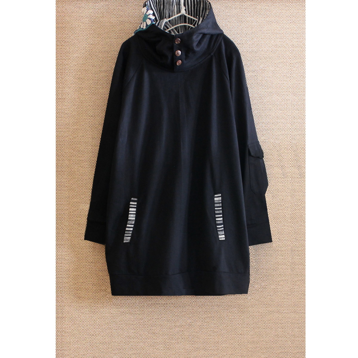 Renewal再販×3＊オフタートルネック＊花クロシェ×ボーダーフード＊裏地フリース＊プルオーバー＊パーカー＊d-tp507の画像