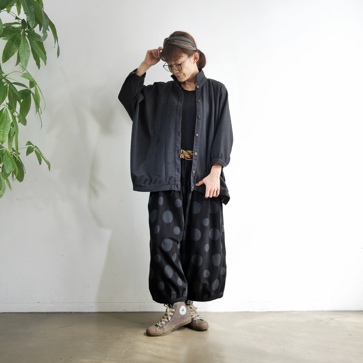 丸っこいシルエット＊大人のためのナチュラルなドット柄＊バルーンワイドパンツ＊d-pn506の画像