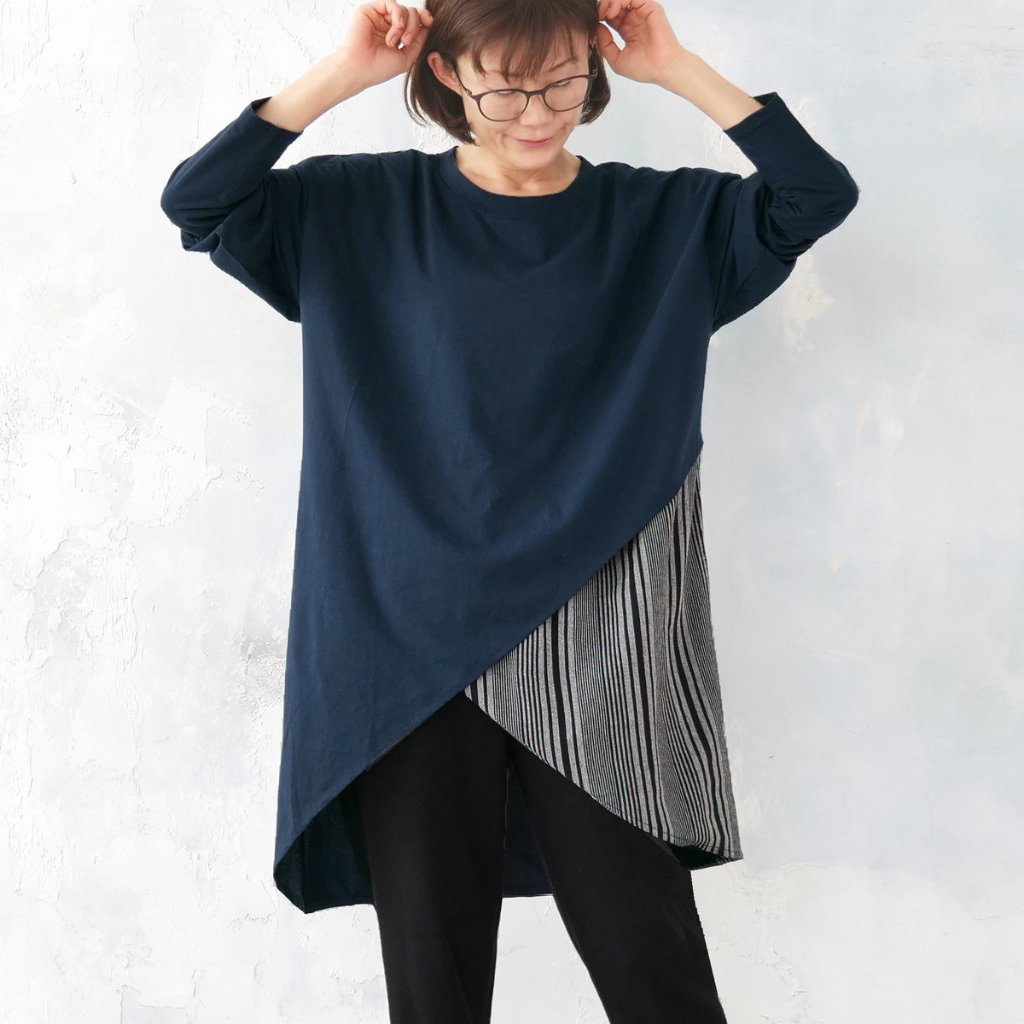 裾切替＊アシメ＊ストライプ＊ゆったりデザイン＊異素材＊チュニック＊d-tp530の画像