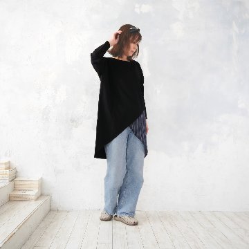 裾切替＊アシメ＊ストライプ＊ゆったりデザイン＊異素材＊チュニック＊d-tp530の画像
