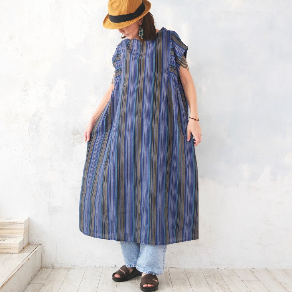 2丈から選べる＊綿素材で心地よく＊さらりと着られる＊マルチストライプ＊ゆったりAラインワンピース＊d-dr521の画像