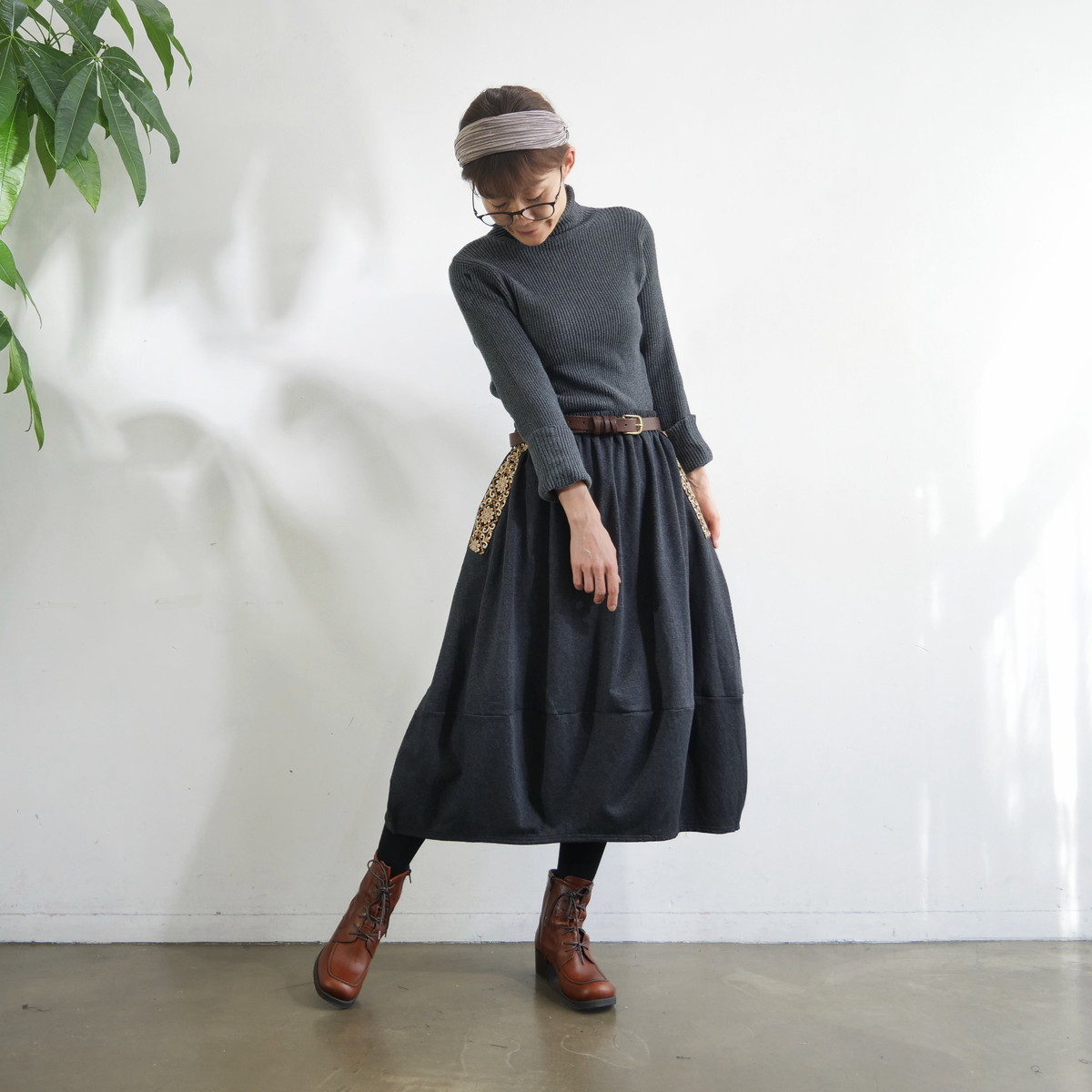 インド刺繍リボンのポケットが揺れる＊ふんわり大人可愛い＊ふんわり暖か裏起毛＊バルーンスカート＊ d-sk511の画像