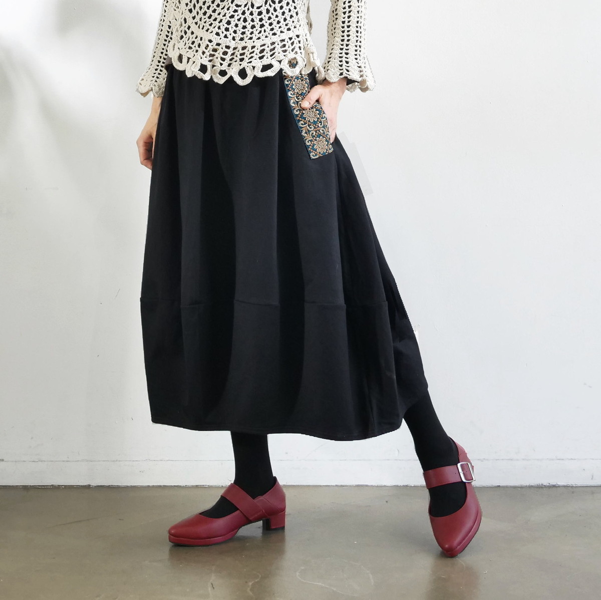 インド刺繍リボンのポケットが揺れる＊ふんわり大人可愛い＊ふんわり暖か裏起毛＊バルーンスカート＊ d-sk511の画像