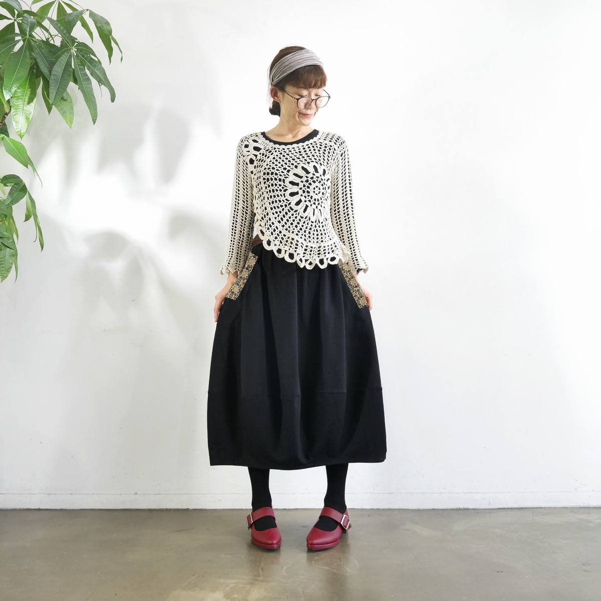 インド刺繍リボンのポケットが揺れる＊ふんわり大人可愛い＊ふんわり暖か裏起毛＊バルーンスカート＊ d-sk511の画像