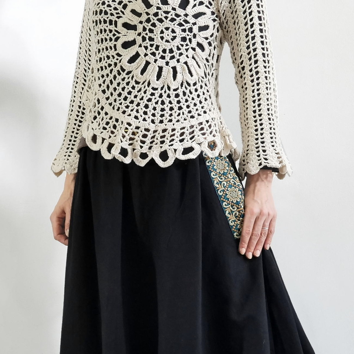 インド刺繍リボンのポケットが揺れる＊ふんわり大人可愛い＊ふんわり暖か裏起毛＊バルーンスカート＊ d-sk511の画像