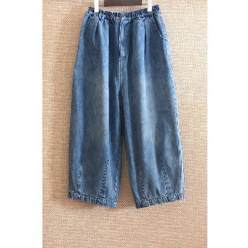 柔らかデニムのコクーンパンツ＊ゆるっと丸いシルエット＊ゆったり体型カバー＊ウォッシュドライトブルー＊着丈2展開＊d-pn3002の画像
