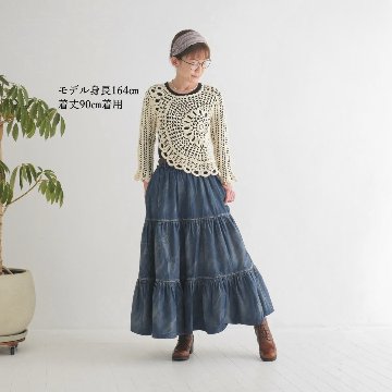 ふんわりと広がるティアードスカート＊やわらかデニム＊ゆったりシルエット＊ウォッシュドインディゴブルー＊着丈2展開＊ d-sk3003の画像