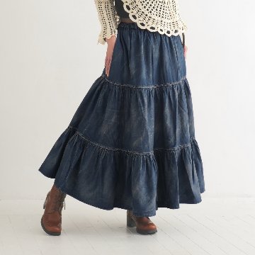 ふんわりと広がるティアードスカート＊やわらかデニム＊ゆったりシルエット＊ウォッシュドインディゴブルー＊着丈2展開＊ d-sk3003の画像