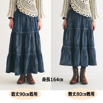 ふんわりと広がるティアードスカート＊やわらかデニム＊ゆったりシルエット＊ウォッシュドインディゴブルー＊着丈2展開＊ d-sk3003の画像