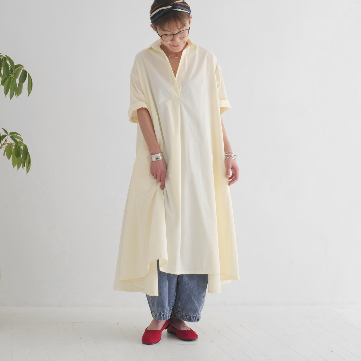 着丈2展開＊スキッパー襟＊こなれ感あるゆったりデザイン＊七分袖＊フレアワンピース＊無地＊d-dr2002の画像