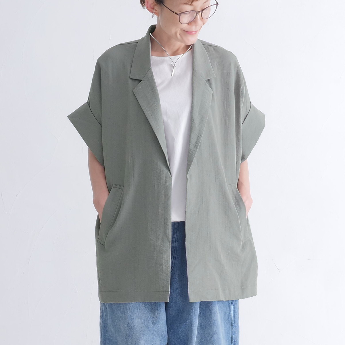 さらり軽やか＊半袖テーラード風ジャケット＊大人の抜け感＊ゆったりドルマン＊シワになりにくい＊体型カバー＊d-jk3006の画像