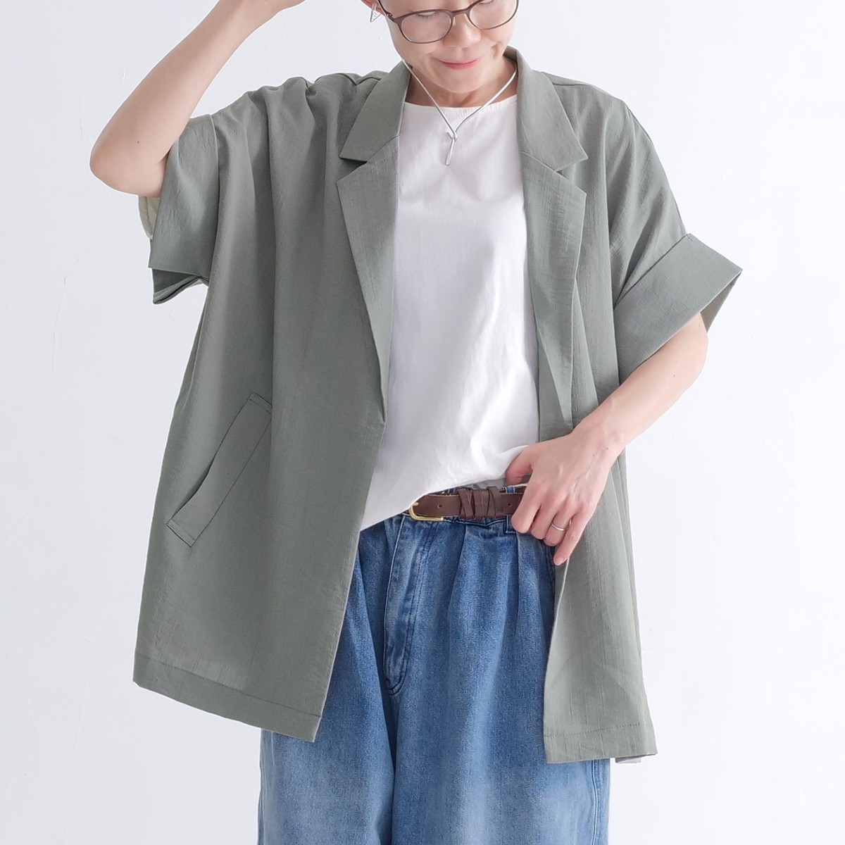 さらり軽やか＊半袖テーラード風ジャケット＊大人の抜け感＊ゆったりドルマン＊シワになりにくい＊体型カバー＊d-jk3006の画像