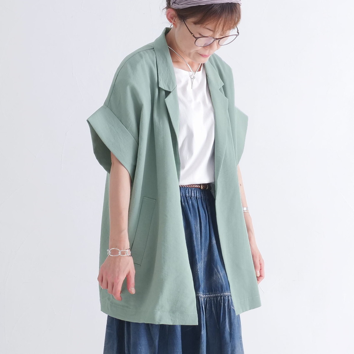 さらり軽やか＊半袖テーラード風ジャケット＊大人の抜け感＊ゆったりドルマン＊シワになりにくい＊体型カバー＊d-jk3006の画像