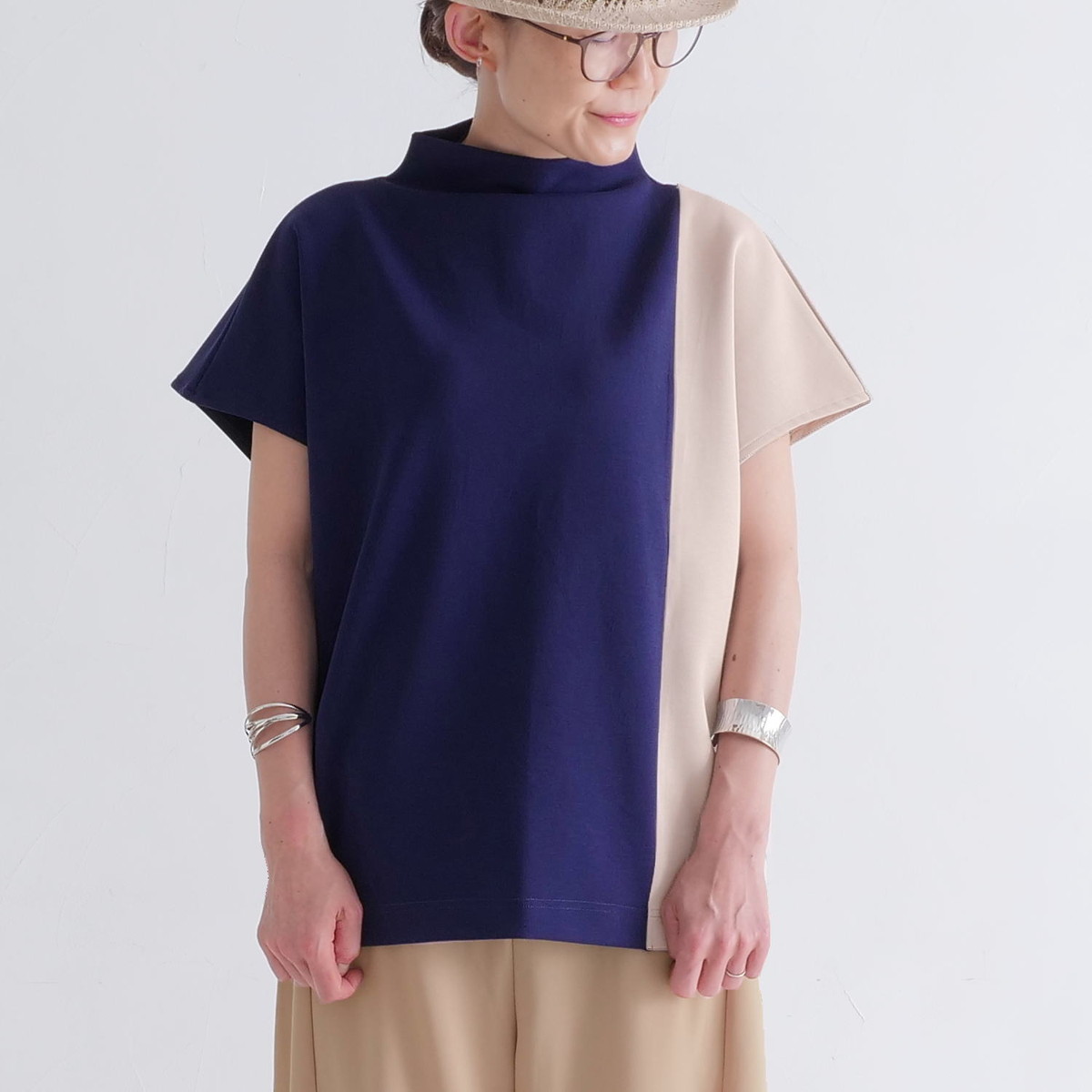 さらり快適＊配色＊モックネックトップス＊ドルマン風＊シワになりにくい＊ストレッチカットソー＊d-tp3006の画像