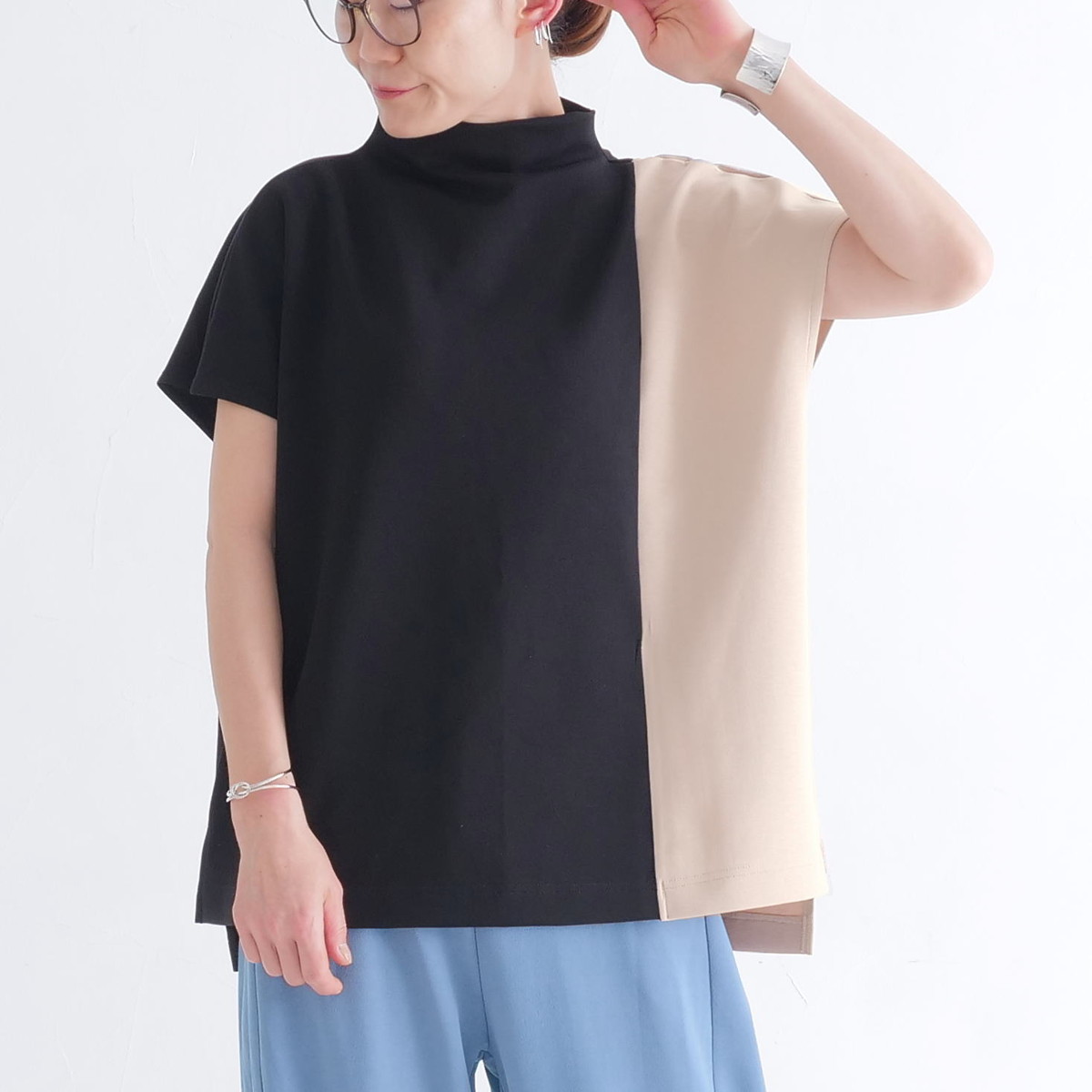 さらり快適＊配色＊モックネックトップス＊ドルマン風＊シワになりにくい＊ストレッチカットソー＊d-tp3006の画像