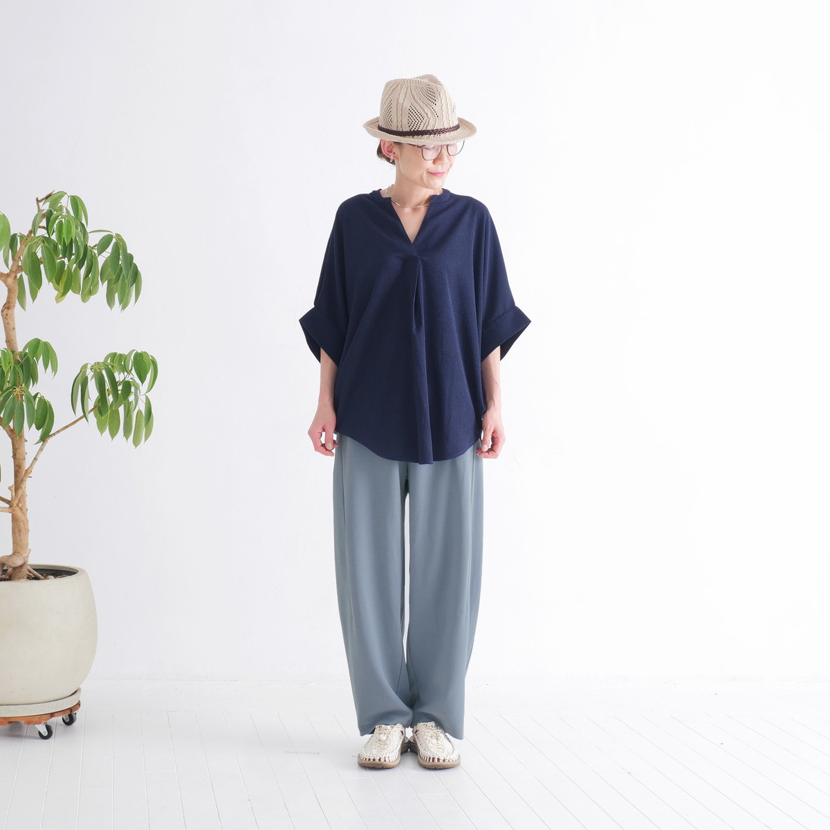 さらり快適＊ゆったりワイドパンツ＊テーパードシルエット＊着丈2サイズ＊ストレッチ＊シワになりにくい＊d-pn3004の画像