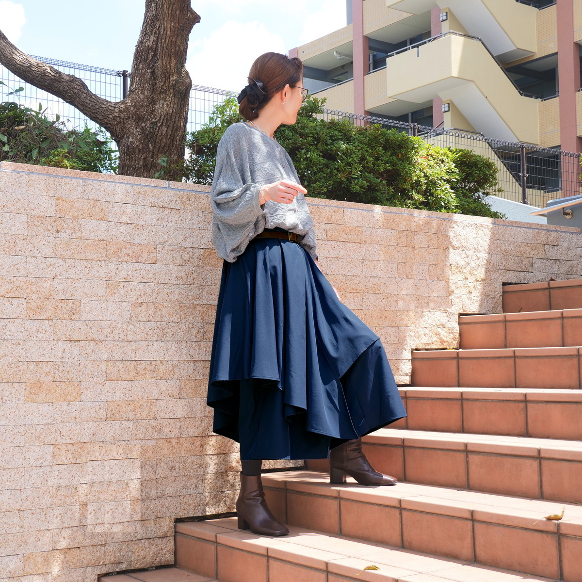 個性的なレイヤードスタイル＊アシンメトリー＊重ね着風ワイドボトム＊ゆったりパンツ＊d-pn3005の画像