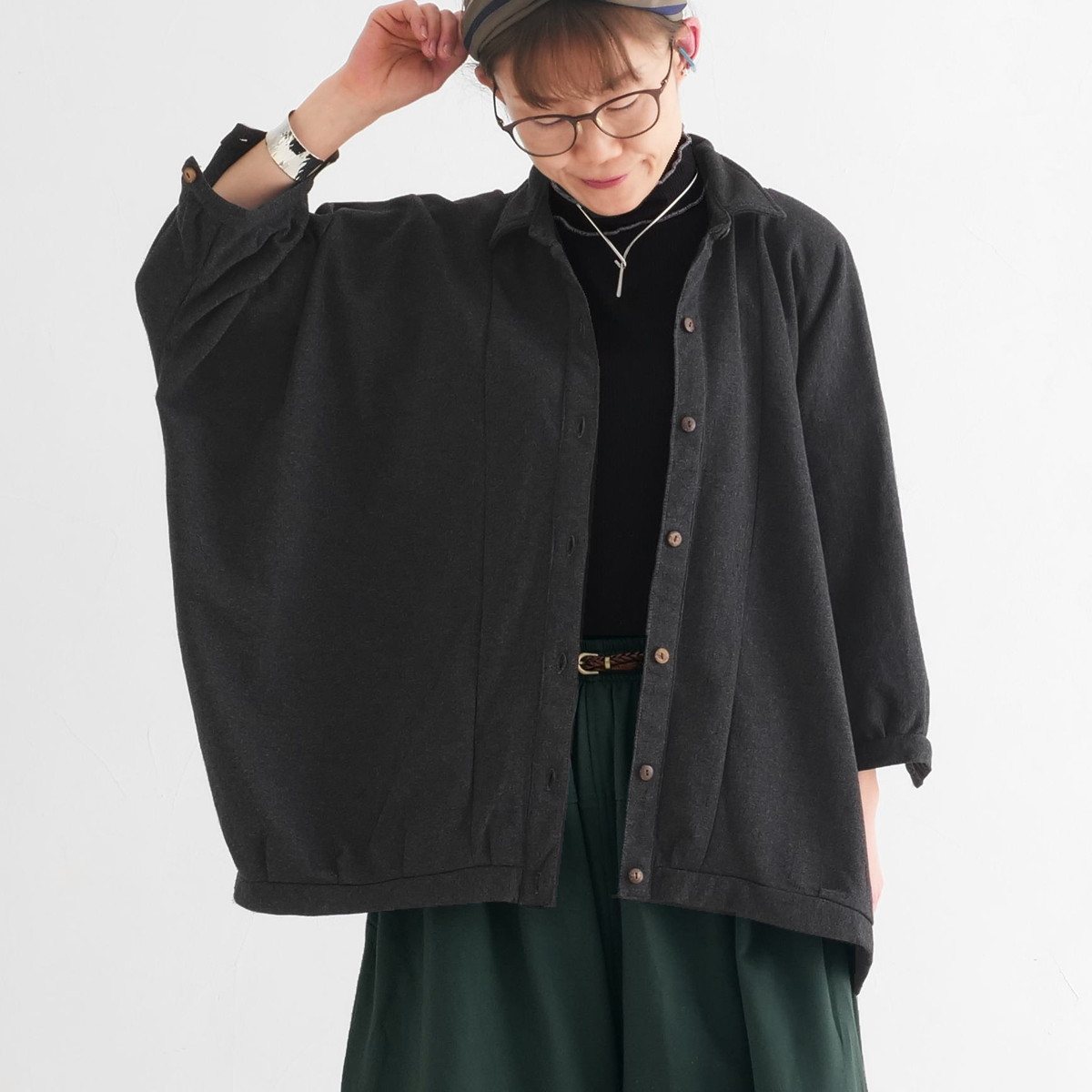 ビッグシルエット＊裏面起毛＊7分袖＊ゆったりシャツジャケット＊ドルマン風＊綿素材＊d-tp503-wの画像