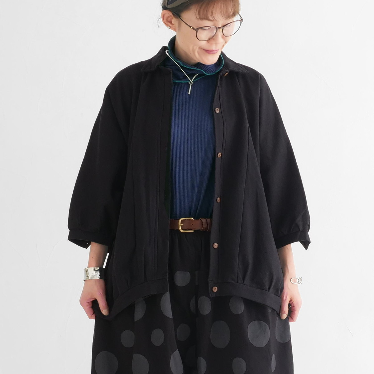 ビッグシルエット＊裏面起毛＊7分袖＊ゆったりシャツジャケット＊ドルマン風＊綿素材＊d-tp503-wの画像
