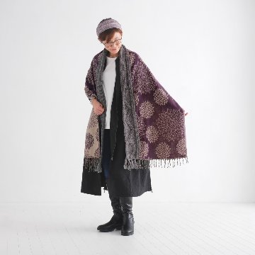 手編みならではの温もり＊ケーブル模様＊ダリア柄＊リバーシブル＊ストール＊異素材ミックス＊大判＊d-st004の画像